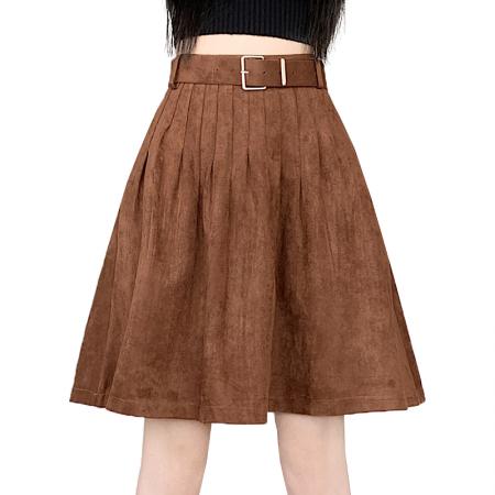 FA46004# 秋冬新款重工百搭实韩系休闲麂皮绒打条休闲半身裙配腰带 服裝批發女裝批發服飾貨源