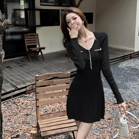 FA46006# 小香风法式设计感拼接v领纯色A字裙拼接收腰显瘦针织裙 服裝批發女裝批發服飾貨源