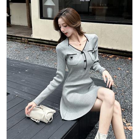 FA46006# 小香风法式设计感拼接v领纯色A字裙拼接收腰显瘦针织裙 服裝批發女裝批發服飾貨源