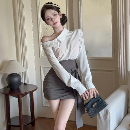 法式拼接假两件斜肩长袖衬衫连衣...