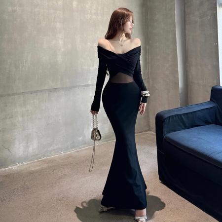 FA46013# 一字肩网纱拼接长袖连衣裙秋修身镂空长裙设计感纯欲包臀裙子 服裝批發女裝批發服飾貨源