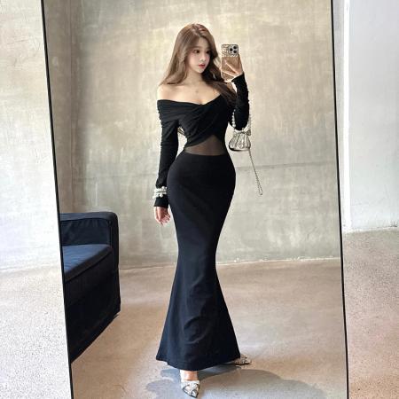 FA46013# 一字肩网纱拼接长袖连衣裙秋修身镂空长裙设计感纯欲包臀裙子 服裝批發女裝批發服飾貨源