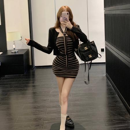 FA46015# 纯欲风高弹针织条纹抹胸连衣裙早秋新款短款长袖开衫外套两件套装 服裝批發女裝批發服飾貨源