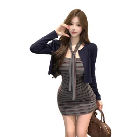 FA46015# 纯欲风高弹针织条纹抹胸连衣裙早秋新款短款长袖开衫外套两件套装 服裝批發女裝批發服飾貨源