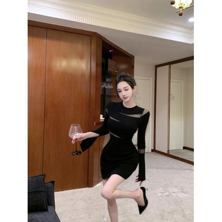 FA46019# 曲线雕塑冷艳黑色不规则透视开叉袖口针织连衣裙秋冬内搭 服裝批發女裝批發服飾貨源
