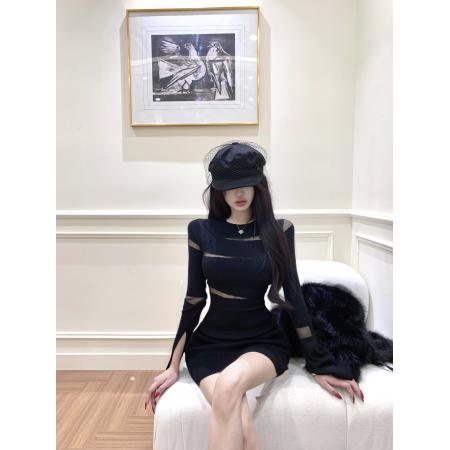 FA46019# 曲线雕塑冷艳黑色不规则透视开叉袖口针织连衣裙秋冬内搭 服裝批發女裝批發服飾貨源