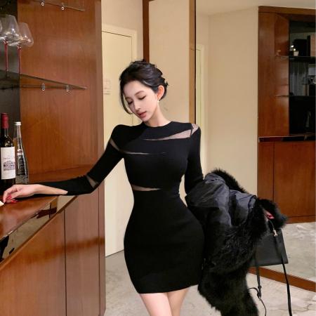 FA46019# 曲线雕塑冷艳黑色不规则透视开叉袖口针织连衣裙秋冬内搭 服裝批發女裝批發服飾貨源