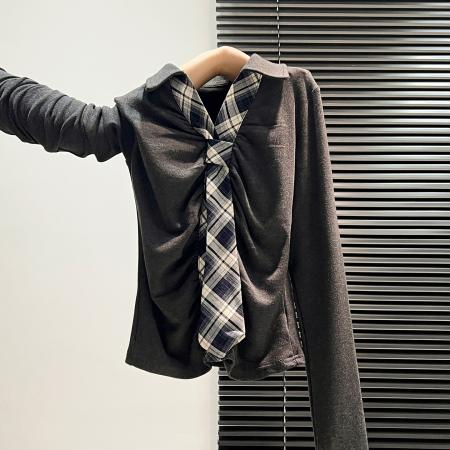 FA46023# 撞色格纹领带v领打底衫女内搭秋冬收腰修身显瘦长袖T恤 服裝批發女裝批發服飾貨源