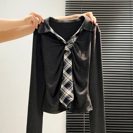 FA46023# 撞色格纹领带v领打底衫女内搭秋冬收腰修身显瘦长袖T恤 服裝批發女裝批發服飾貨源