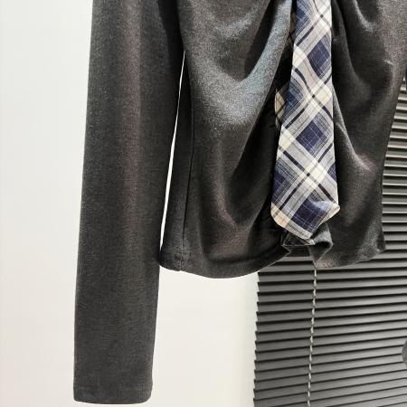 FA46023# 撞色格纹领带v领打底衫女内搭秋冬收腰修身显瘦长袖T恤 服裝批發女裝批發服飾貨源