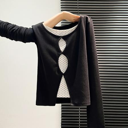 FA46024# 黑色镂空假两件波点打底衫内搭女秋冬设计感长袖T恤针织 服裝批發女裝批發服飾貨源