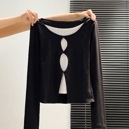 FA46024# 黑色镂空假两件波点打底衫内搭女秋冬设计感长袖T恤针织 服裝批發女裝批發服飾貨源