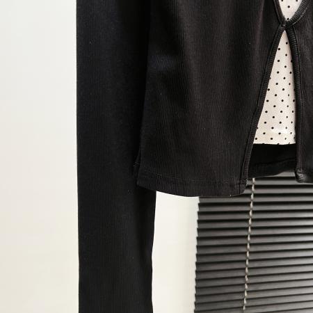 FA46024# 黑色镂空假两件波点打底衫内搭女秋冬设计感长袖T恤针织 服裝批發女裝批發服飾貨源