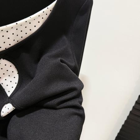 FA46024# 黑色镂空假两件波点打底衫内搭女秋冬设计感长袖T恤针织 服裝批發女裝批發服飾貨源