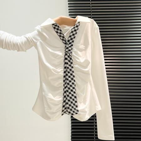 FA46025# 黑底搭黄格领带早秋褶皱设计复古吸睛个性穿搭出街 服裝批發女裝批發服飾貨源