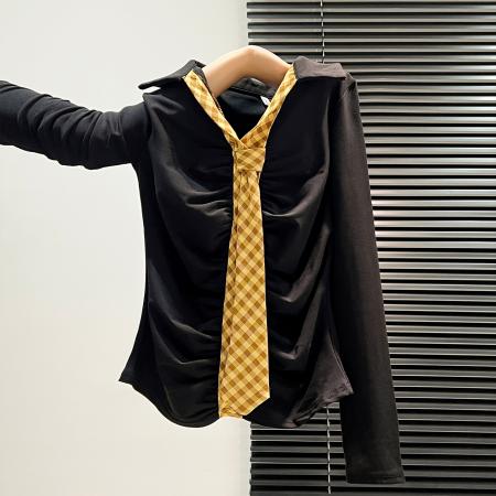 FA46025# 黑底搭黄格领带早秋褶皱设计复古吸睛个性穿搭出街 服裝批發女裝批發服飾貨源