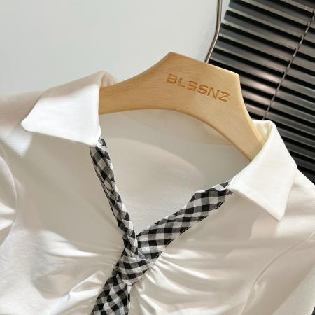 FA46025# 黑底搭黄格领带早秋褶皱设计复古吸睛个性穿搭出街 服裝批發女裝批發服飾貨源