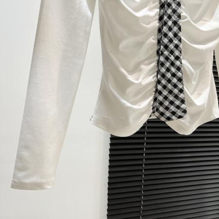 FA46025# 黑底搭黄格领带早秋褶皱设计复古吸睛个性穿搭出街 服裝批發女裝批發服飾貨源