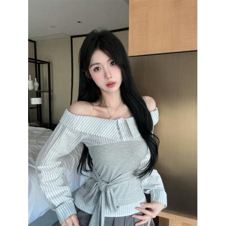 FA46029# 长袖T恤女秋冬新款时尚条纹拼接绑带衬衫上衣 服裝批發女裝批發服飾貨源