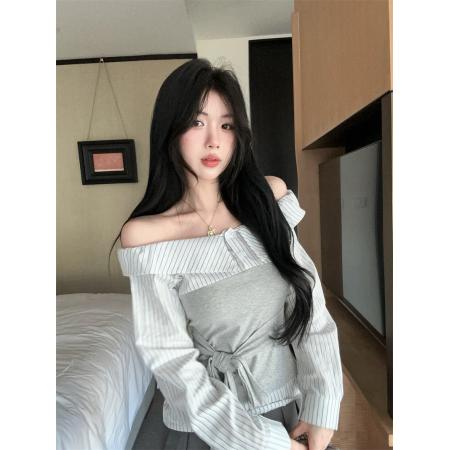 FA46029# 长袖T恤女秋冬新款时尚条纹拼接绑带衬衫上衣 服裝批發女裝批發服飾貨源