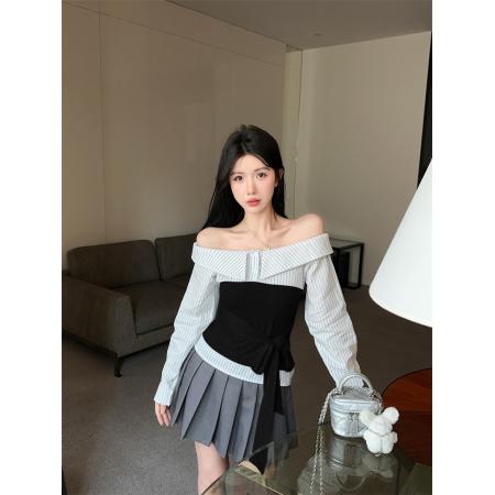 FA46029# 长袖T恤女秋冬新款时尚条纹拼接绑带衬衫上衣 服裝批發女裝批發服飾貨源