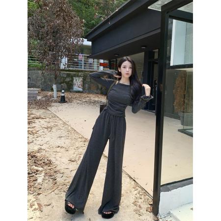 FA46030# 韩系休闲慵懒风露肩长袖T恤套装 服裝批發女裝批發服飾貨源