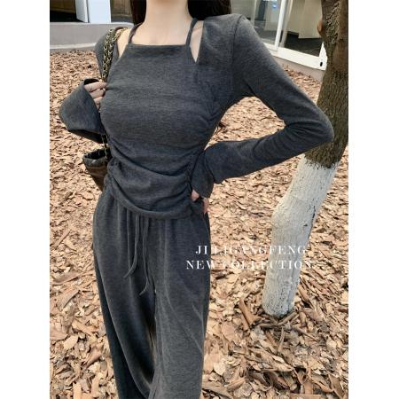 FA46030# 韩系休闲慵懒风露肩长袖T恤套装 服裝批發女裝批發服飾貨源