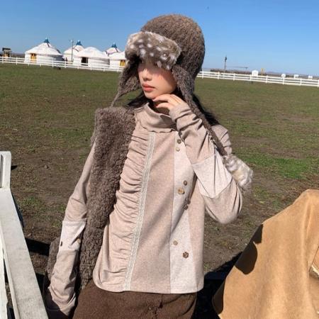 FA46032# 秋季堆堆袖打底衫女堆叠领口拼接针织上衣 服裝批發女裝批發服飾貨源