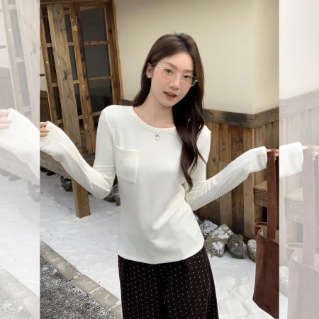 FA46033# 设计感口袋T恤女装秋季收腰修身长袖内搭打底衫白色上衣 服裝批發女裝批發服飾貨源