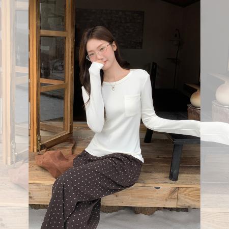 FA46033# 设计感口袋T恤女装秋季收腰修身长袖内搭打底衫白色上衣 服裝批發女裝批發服飾貨源