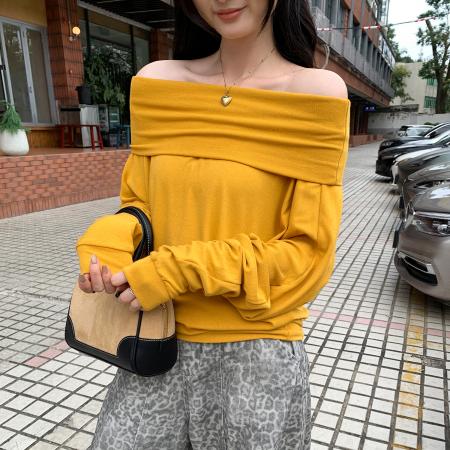 FA46034# 图高级感别致灰色一字肩打底衫T恤女秋冬新款宽松慵懒风上衣 服裝批發女裝批發服飾貨源