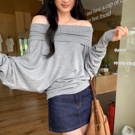 FA46034# 图高级感别致灰色一字肩打底衫T恤女秋冬新款宽松慵懒风上衣 服裝批發女裝批發服飾貨源