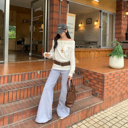 FA46034# 图高级感别致灰色一字肩打底衫T恤女秋冬新款宽松慵懒风上衣 服裝批發女裝批發服飾貨源