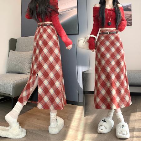 FA46035# 毛呢格子半身裙女秋冬复古高腰显瘦格纹中长款a字一步包臀裙 服裝批發女裝批發服飾貨源