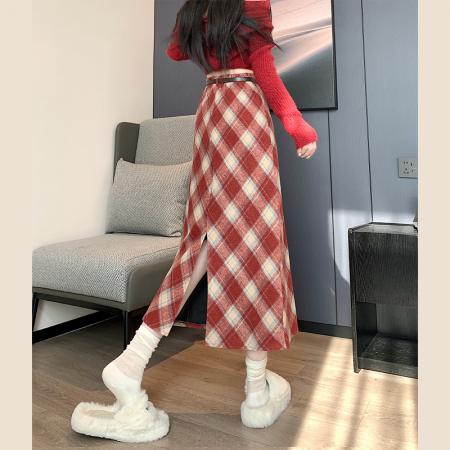 FA46035# 毛呢格子半身裙女秋冬复古高腰显瘦格纹中长款a字一步包臀裙 服裝批發女裝批發服飾貨源