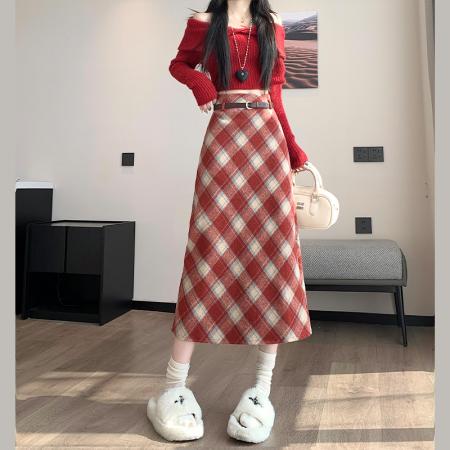 FA46035# 毛呢格子半身裙女秋冬复古高腰显瘦格纹中长款a字一步包臀裙 服裝批發女裝批發服飾貨源