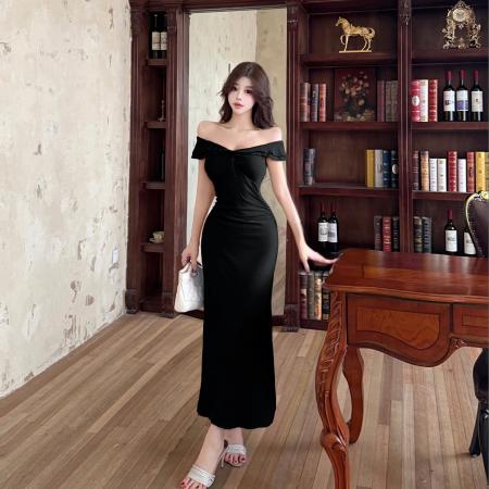 FA46036# 玫粉色修身V领小飞袖连衣裙女荷叶边显瘦性感包臀洋气包臀裙 服裝批發女裝批發服飾貨源