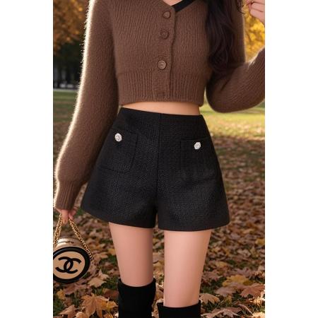 FA46038# 高腰小香风毛呢短裤女新款外穿配靴子裙裤口袋黑色热裤子 服裝批發女裝批發服飾貨源