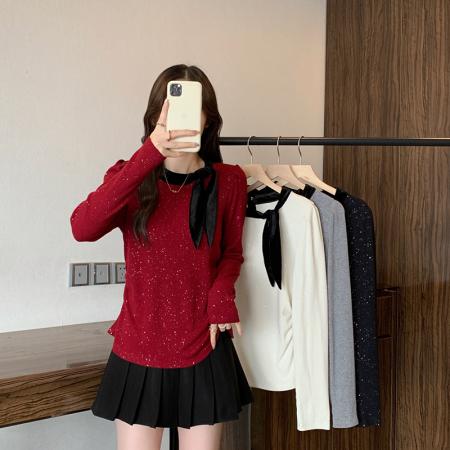 FA46042# 秋冬新款胖mm大码女甜美丝带满天星收腰显瘦长袖针织上衣 服裝批發女裝批發服飾貨源