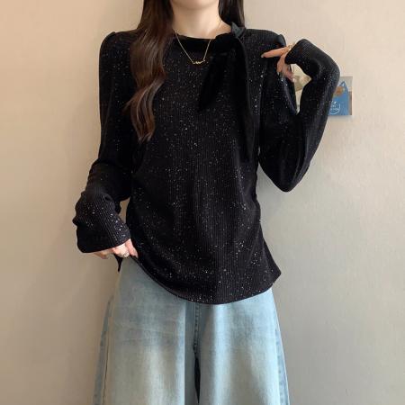 FA46042# 秋冬新款胖mm大码女甜美丝带满天星收腰显瘦长袖针织上衣 服裝批發女裝批發服飾貨源