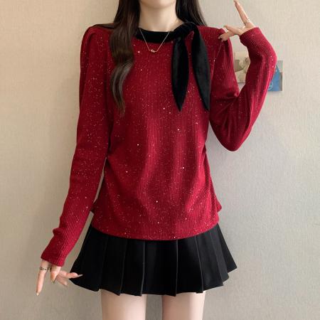 FA46042# 秋冬新款胖mm大码女甜美丝带满天星收腰显瘦长袖针织上衣 服裝批發女裝批發服飾貨源