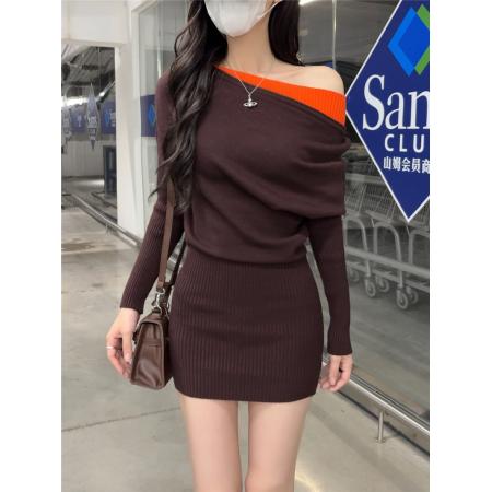 FA46051# 假两件斜肩撞色针织连衣裙女气质百搭收腰包臀半裙 服裝批發女裝批發服飾貨源