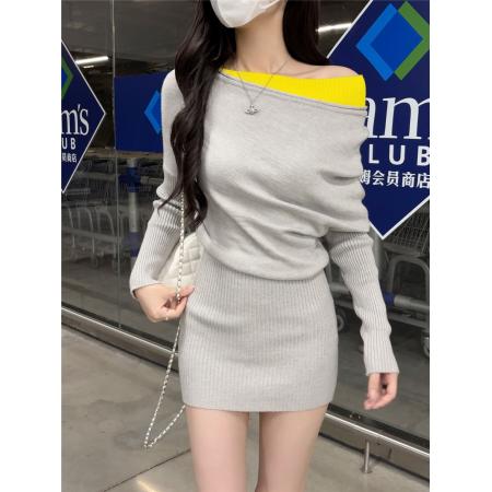 FA46051# 假两件斜肩撞色针织连衣裙女气质百搭收腰包臀半裙 服裝批發女裝批發服飾貨源