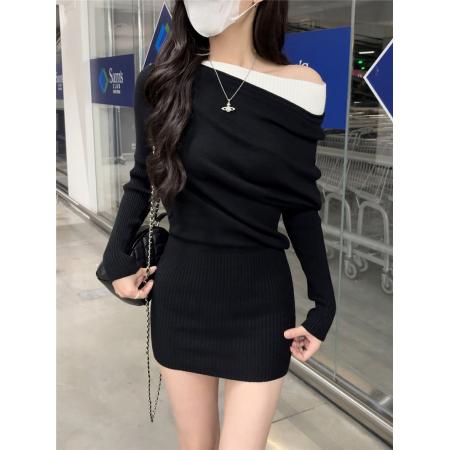 FA46051# 假两件斜肩撞色针织连衣裙女气质百搭收腰包臀半裙 服裝批發女裝批發服飾貨源