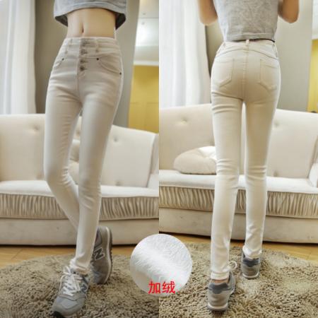 FA46057# 高腰牛仔裤女小脚裤显瘦学生长裤修身新款排扣加绒大码潮 服裝批發女裝批發服飾貨源