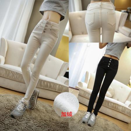 FA46057# 高腰牛仔裤女小脚裤显瘦学生长裤修身新款排扣加绒大码潮 服裝批發女裝批發服飾貨源