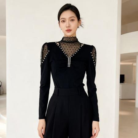 FA46059# 秋冬加厚磨毛原创设计钉钻蕾丝半高领百搭时尚打底小衫长袖 服裝批發女裝批發服飾貨源