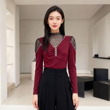 FA46059# 秋冬加厚磨毛原创设计钉钻蕾丝半高领百搭时尚打底小衫长袖 服裝批發女裝批發服飾貨源