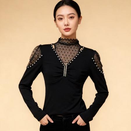 FA46059# 秋冬加厚磨毛原创设计钉钻蕾丝半高领百搭时尚打底小衫长袖 服裝批發女裝批發服飾貨源