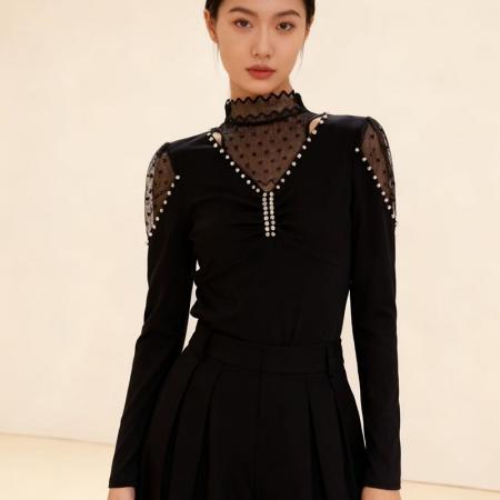 FA46059# 秋冬加厚磨毛原创设计钉钻蕾丝半高领百搭时尚打底小衫长袖 服裝批發女裝批發服飾貨源